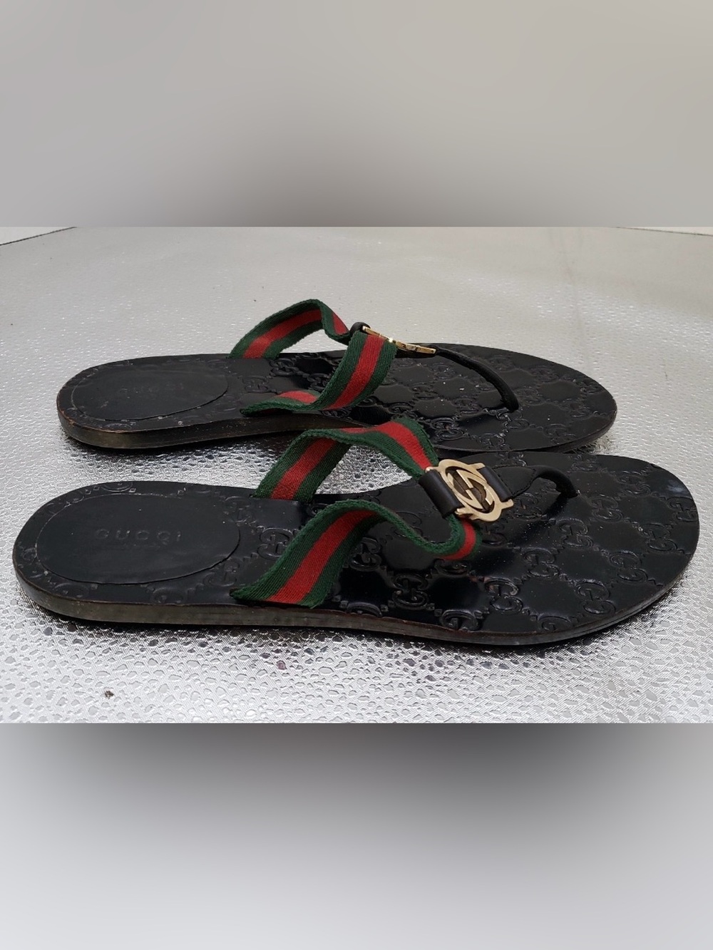 Gucci Vintage Web Stripe GG Logo Thong Sandals Flip Flops Black Size 39 - Picture 2 of 6